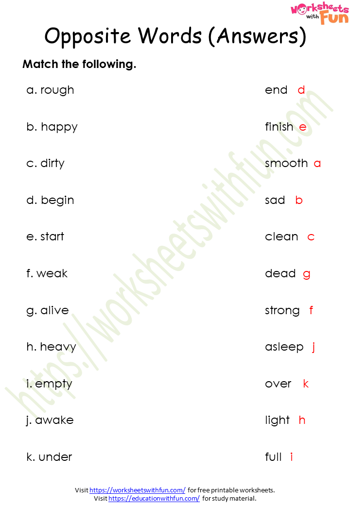 English Class 1 Opposite Antonyms Words Worksheet 2 Answer 